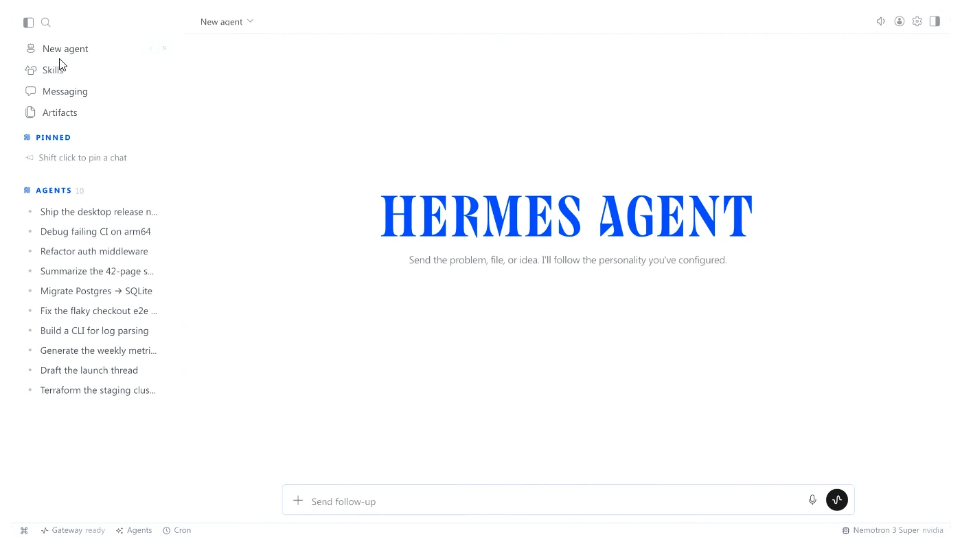Hermes Agent Desktop chính thức ra mắt: Tải bản Windows và macOS 1 Hermes Agent Desktop screenshot