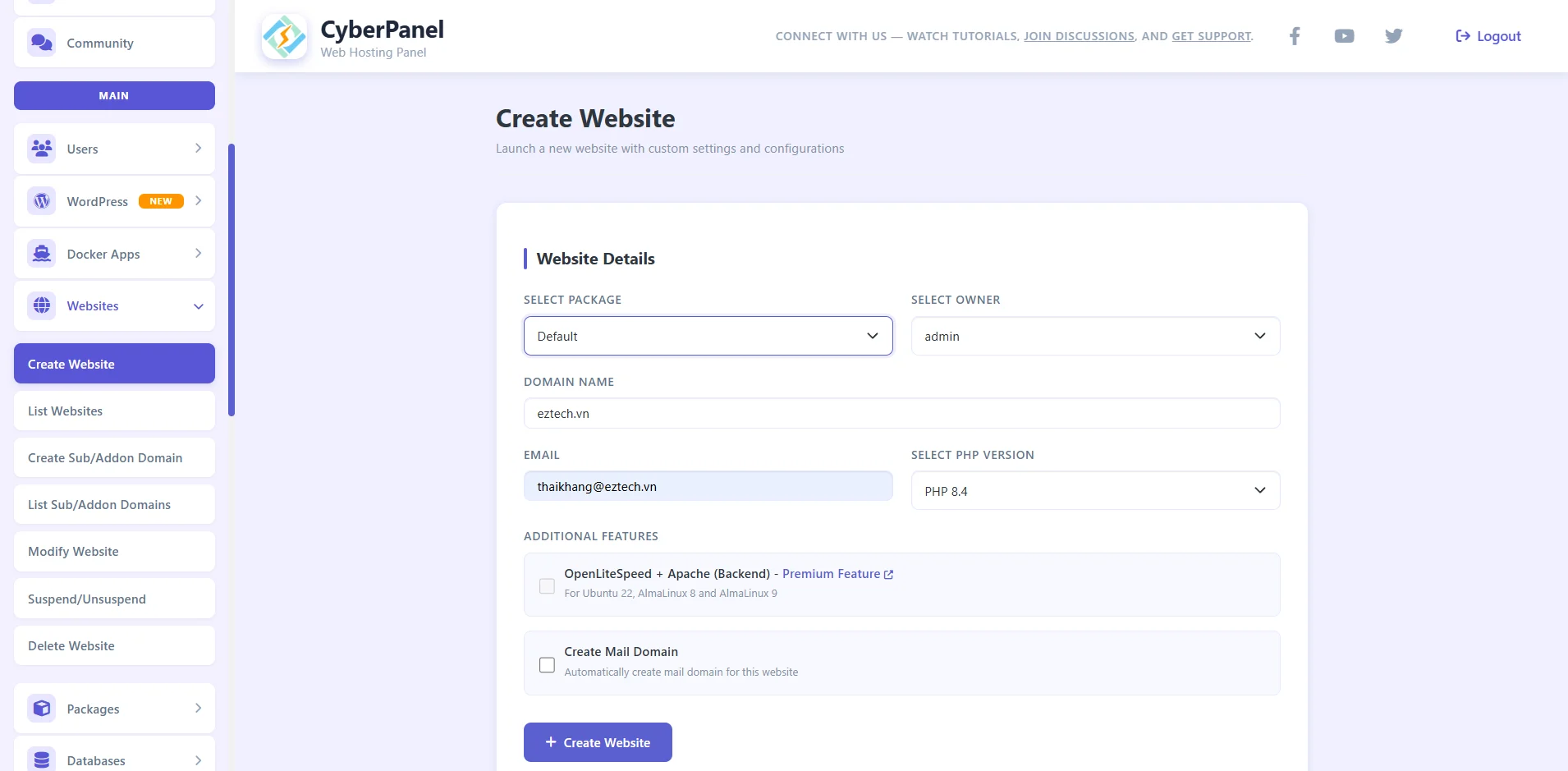CyberPanel là gì ? Hướng dẫn cài CyberPanel trên VPS từ A-Z 4 Tạo website mới trong CyberPanel