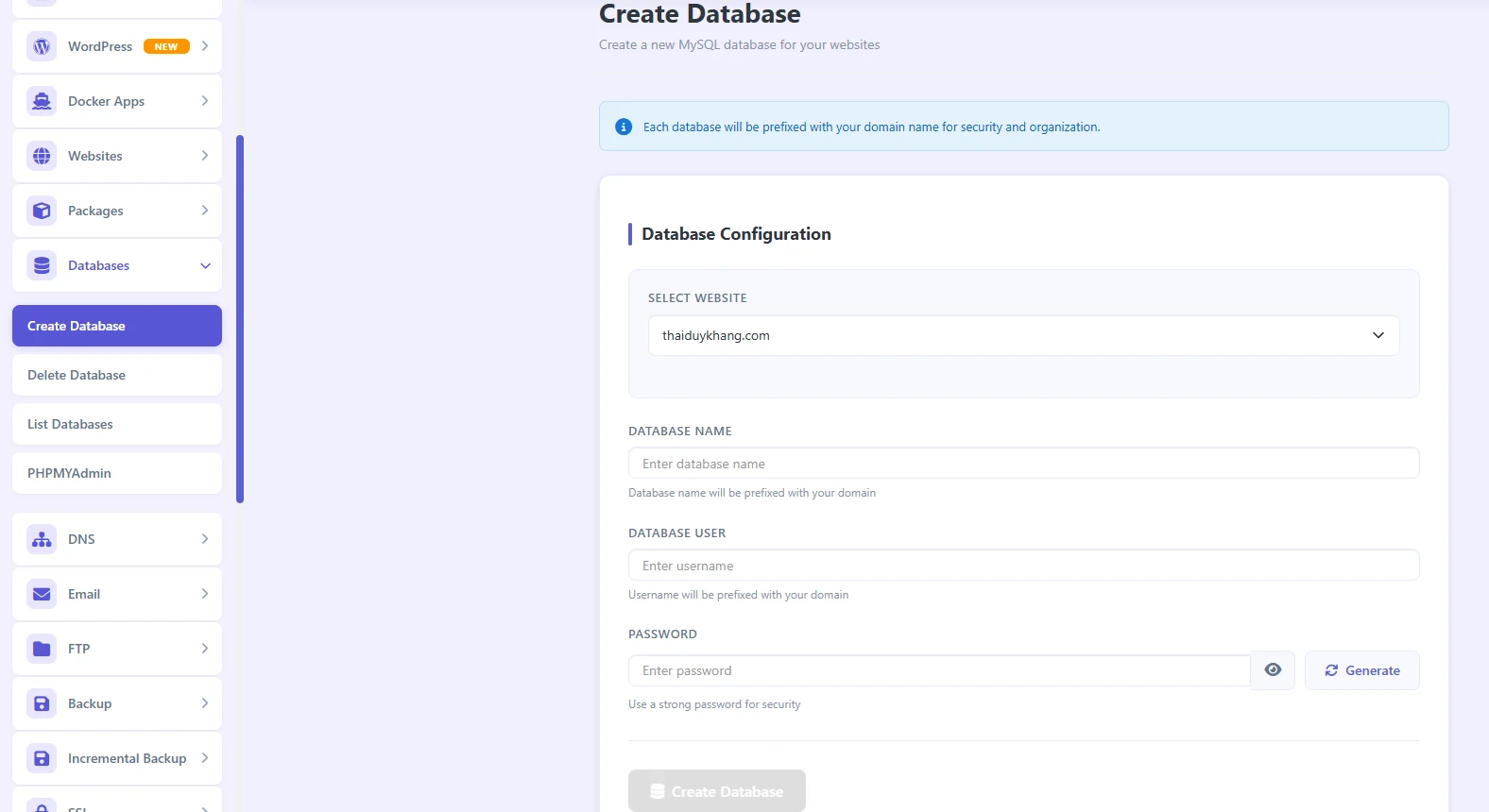 CyberPanel là gì ? Hướng dẫn cài CyberPanel trên VPS từ A-Z 6 Tạo database trong CyberPanel